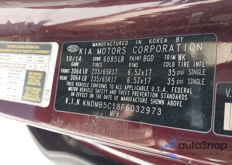 2015 Kia Sedona Lx из США, поврежденный, VIN KNDMB5C18F6032973
